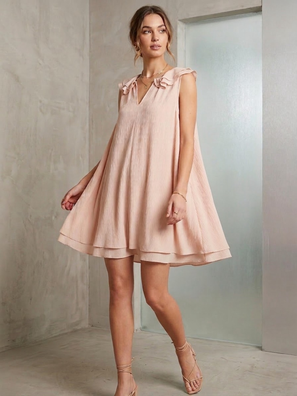 Umgee Blush Pink Sleeveless Ruffle V-Neck A-Line Dress